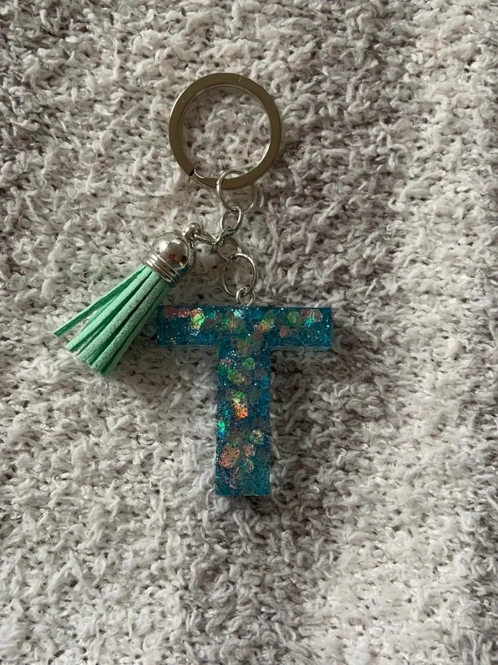 Initial T-Shaped Glitter Keychain with Tassel